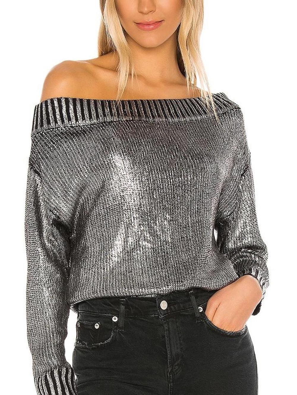 superdown Silver Metallic Off-the-Shoulder Knit Sweater
